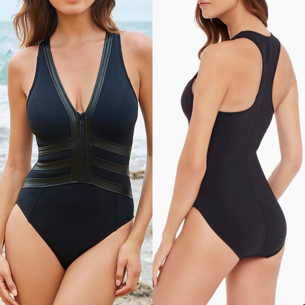 New MagicSuit Miraclesuit Moto Chic Sean leather v neck One Piece Swimsuit
